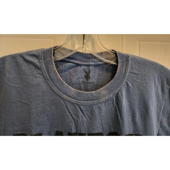 Playboy Mens Short Sleeve TShirt Red Lips Smoking Match Magazine Cover Blue Sz S - Picture 2 of 9